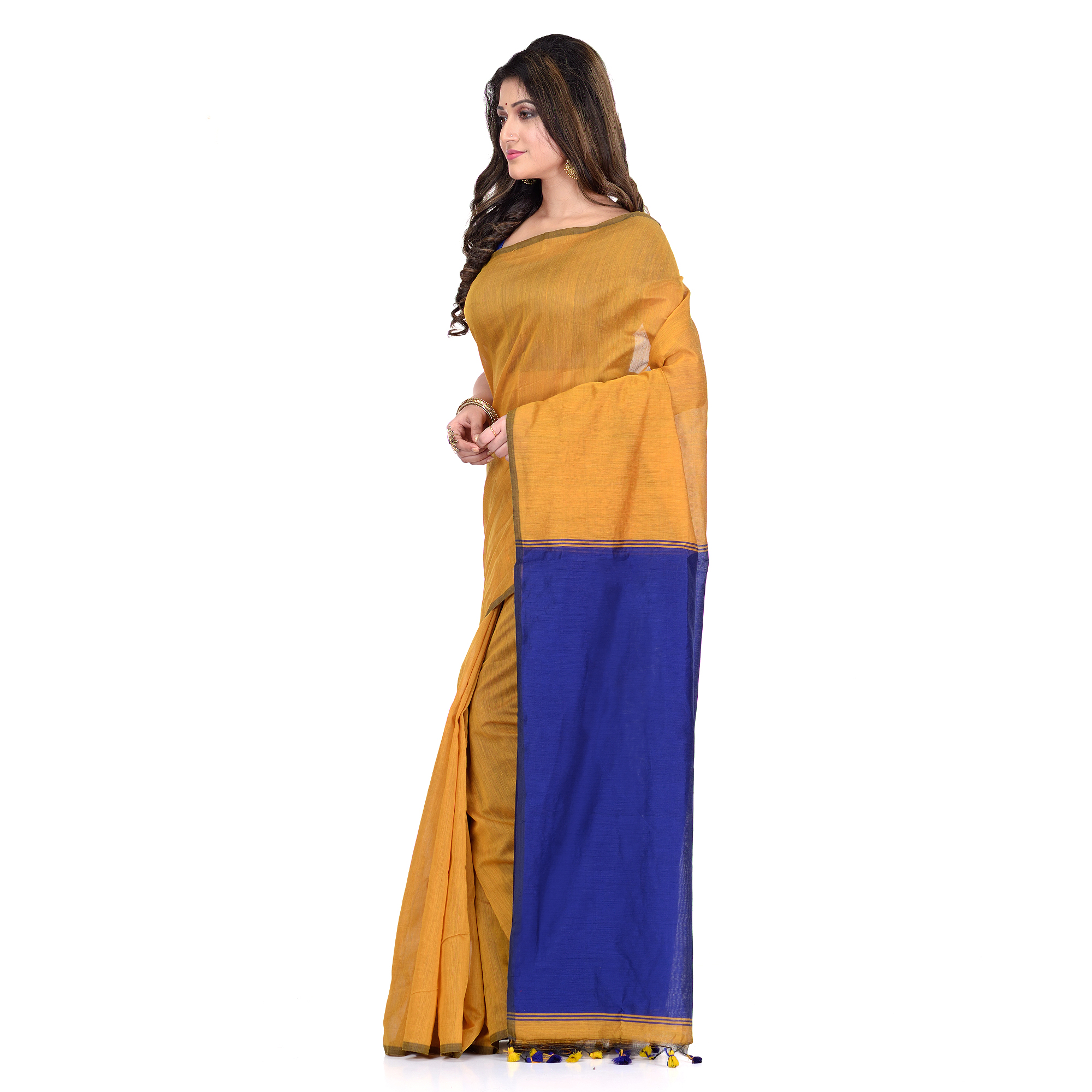 DESH BIDESH Women`s Bengal Half Half Ghicha Handloom Cotton Silk Saree With Blouse Piece (Mustard Yellow Blue)